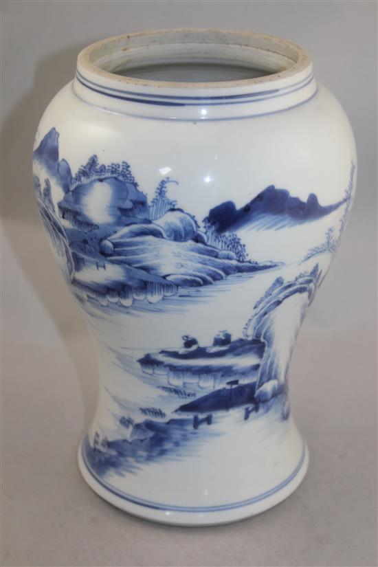 The base section of a Chinese blue and white yen-yen vase, Kangxi period, 25.5cm, neck reduced